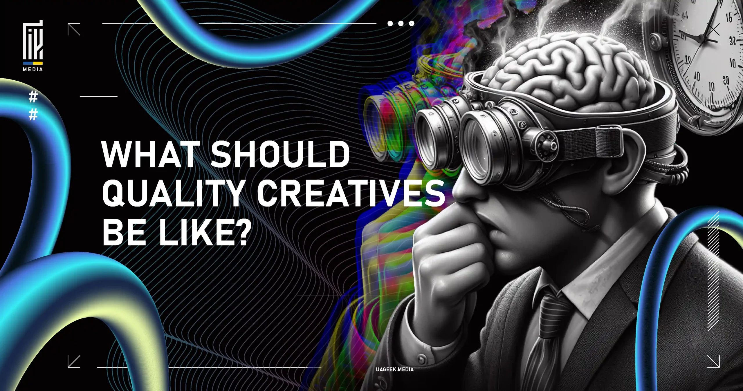 A thoughtful figure wearing futuristic goggles, representing the process of creating high-quality, eye-catching creatives in marketing.