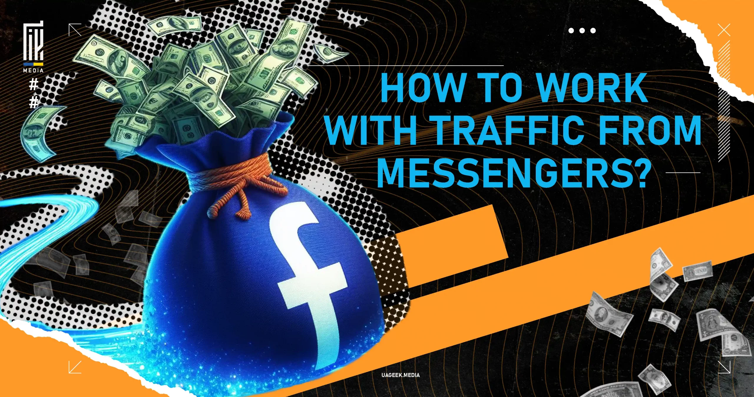 Money bag with Facebook logo overflowing with cash, representing traffic generation from messengers for affiliate marketing