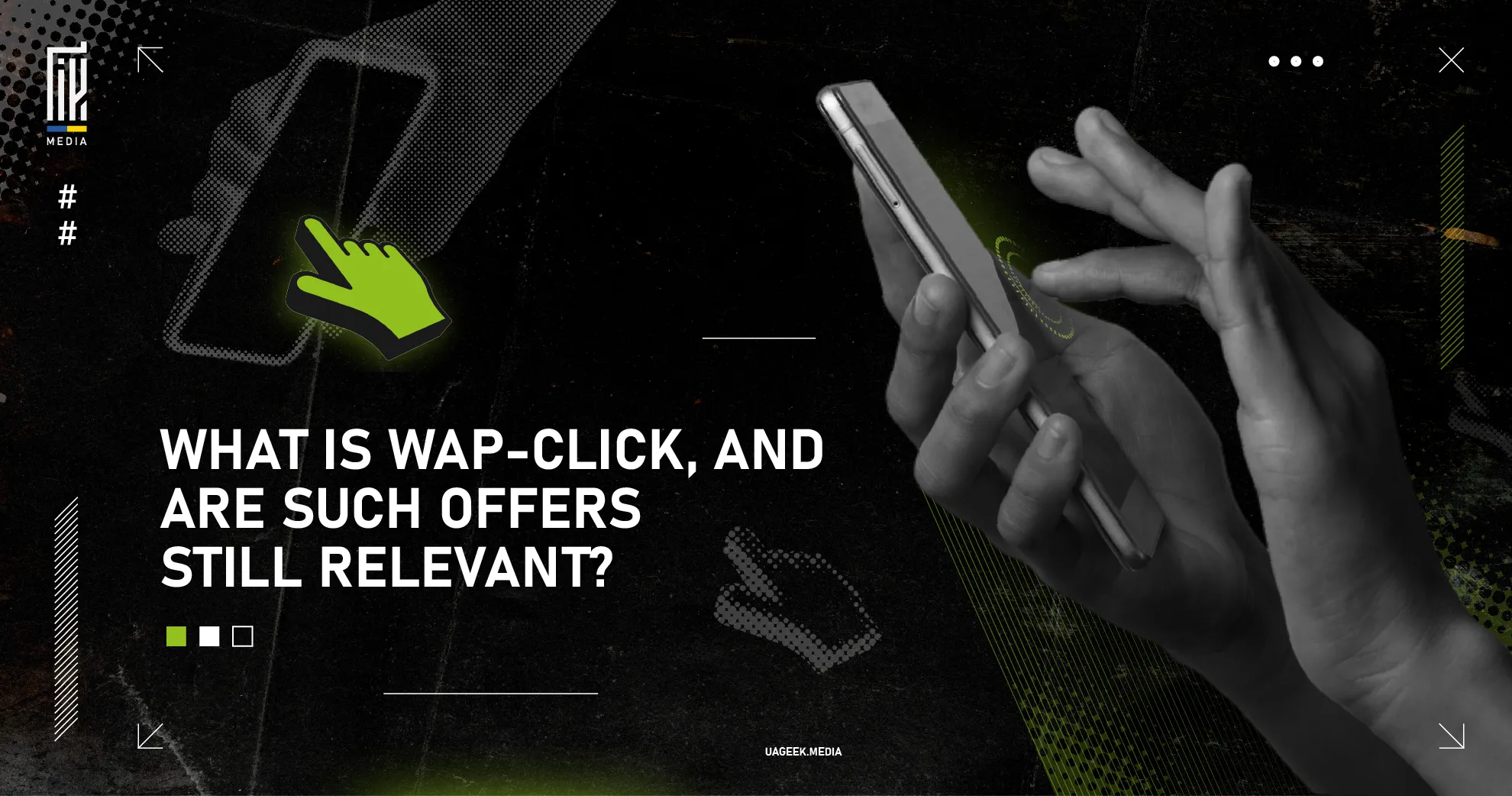 Hands holding a smartphone with text 'What is WAP-Click, and are such offers still relevant?' against a dark digital background featuring icons and graphic elements