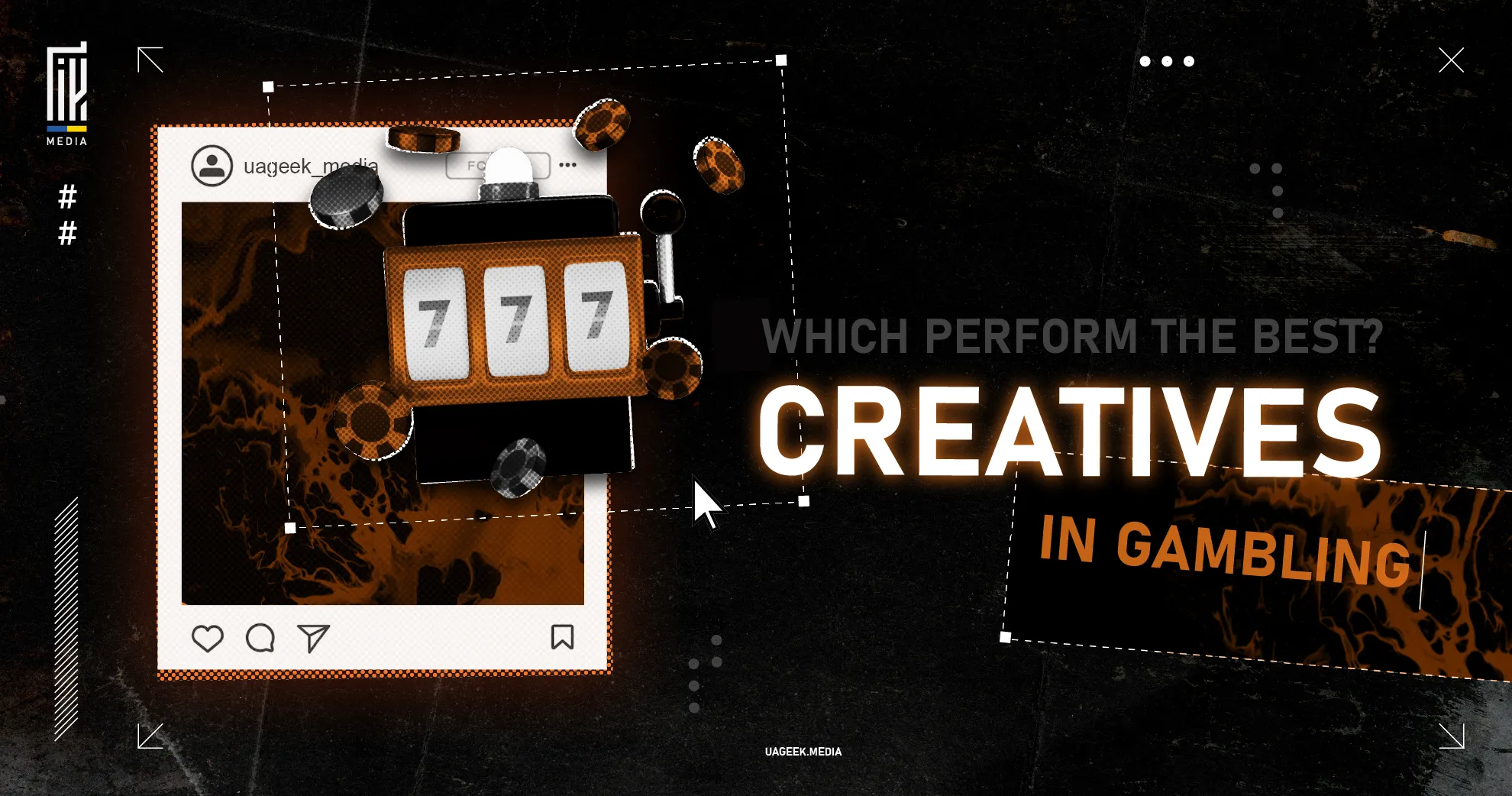 Slot machine graphics with 777 symbols, poker chips, and social media interface, highlighting creative designs for gambling industry by uageek.media