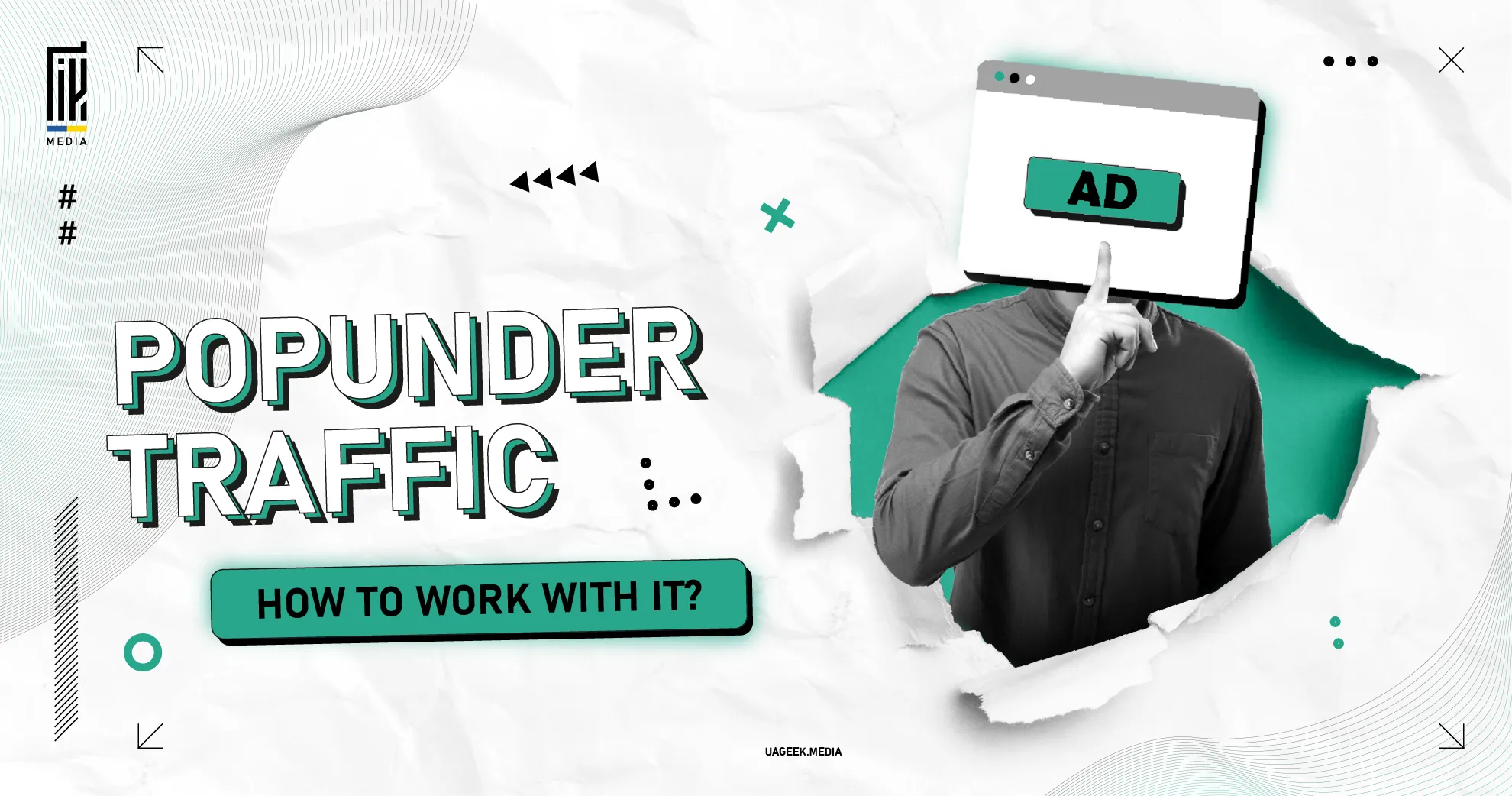 Popunder traffic strategies banner featuring a person with a browser window overlay and 'How to work with it?' text.